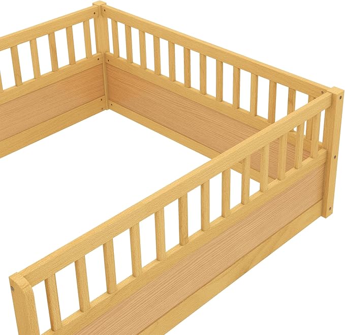 Harper & Bright Designs Full Floor Bed Frame, Wood Kids Floor Bed with High Guardrails, Montessori Floor Bed Full with Opening Door for Boys, Girls, Kids, Solid Wood Structure, Natural