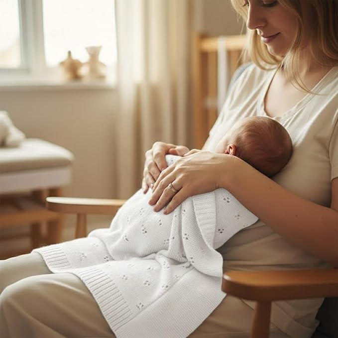 Baby Knit Blanket, 100% Cotton Eyelet Patterns, Soft, Cozy, Lightweight Swaddle for Newborn & Infant Swaddling Beige Neutral, Perfect Baby Shower Ideas White 30x40