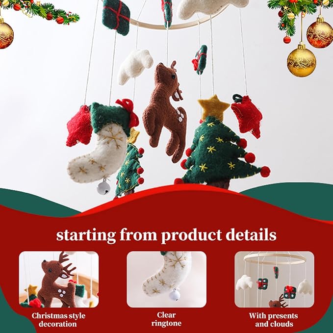 Baby Crib Mobile, Christmas Deer Crib Hanging Toy, Felt Xmas Tree Clouds Stars Baby Wind Chimes, Newborn Gifts for Girls Boys