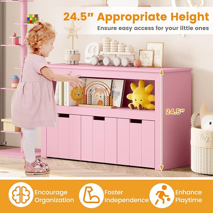 HONEY JOY Kids Toy Storage Organizer, Children Daycare Shelf, 3 Wooden Toy Box w/Wheels, Toddler Classroom Display Cabinet for Playroom, Nursery, Kindergarten (Pink)