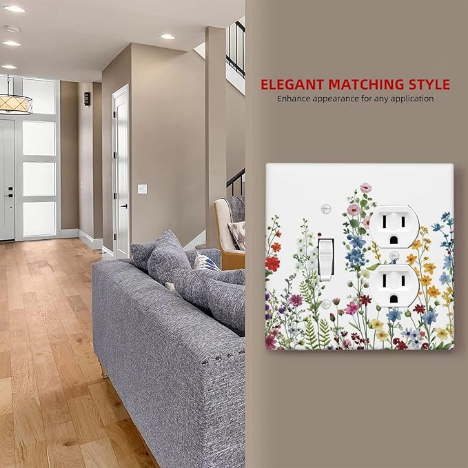 Outlet Covers Colorful Wildflowers Plants Floral 2 Gang Combination 1 Toggle/1 Duplex Light Switch Cover Decorative Gfci Wall Plate Electrical Receptacle Switchplate Faceplate Kitchen Decor