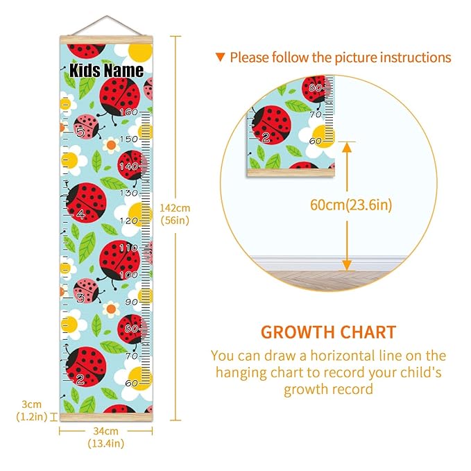 Personalized Kids Name Growth Chart Ruler for Wall Wood Frame Height Measure Chart 13.4x56 in Linen Hanging Height Growth Chart Ladybugs and Flowers Kids Room Decor