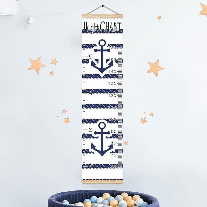 Kids Growth Chart Ruler for Wall Wood Frame Height Measure Chart 13.4x56 in Linen Hanging Height Growth Chart Anchor Blue and White Stripes Pattern Kids Room Decor