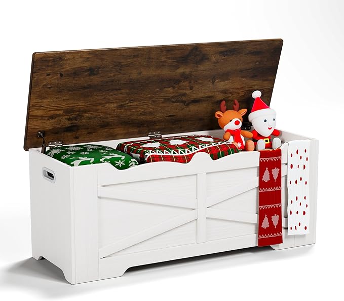 Storage Trunk, 47.2" Large Storage Bench for Bedroom, Lift Top Storage Chest, 300lbs Capacity Engineered Wood Entryway Bench with Storage, 2 Hinges for Living Room Hallway, White & Walnut
