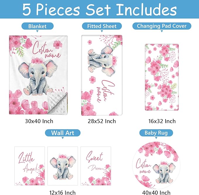 Personalized Nursery Bedding Set, 5 Pcs Custom Name Crib Bedding Set for Girls Boys, Pink Elephant Crib Set, Double Layer Baby Blanket with Dotted Backing, Customized Gift for Infant Toddler