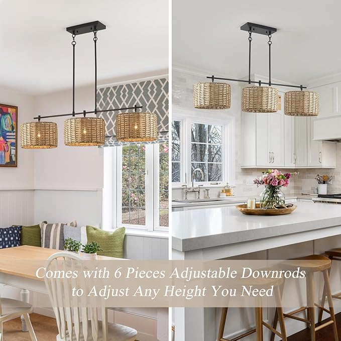 41" Chandelier Woven Rattan Light Fixture with 3 Wicker Lampshades, Large Linear Boho Chandeliers Drum Pendant Lights Kitchen Island