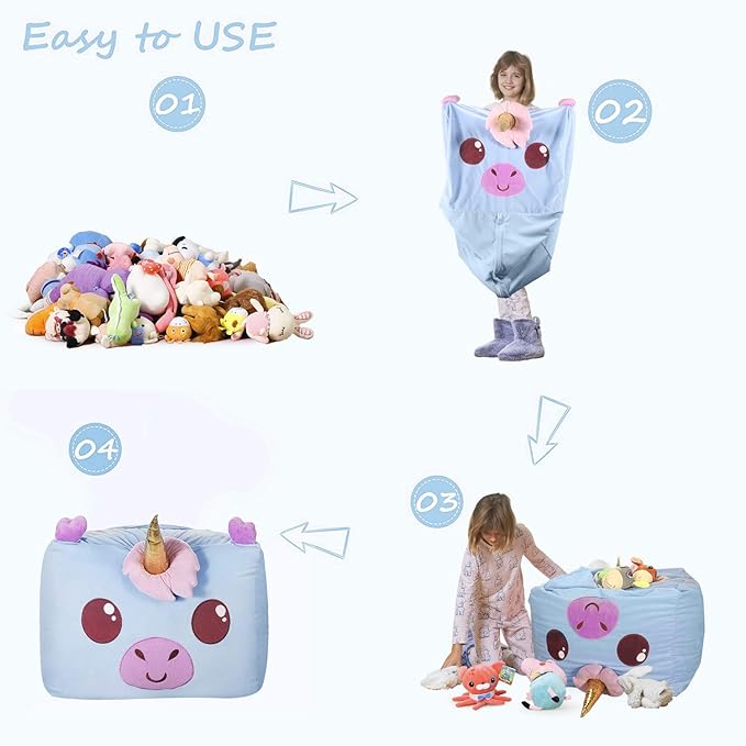 Aubliss Unicorn Stuffed Animal Storage Bean Bag Chair for Kids, Velvet Extra Soft Beanbag Chairs Cover, X-Large Stuffable Zipper Bean Bag for Organizing Plush Toys Girls Bedroom Decor, Blue