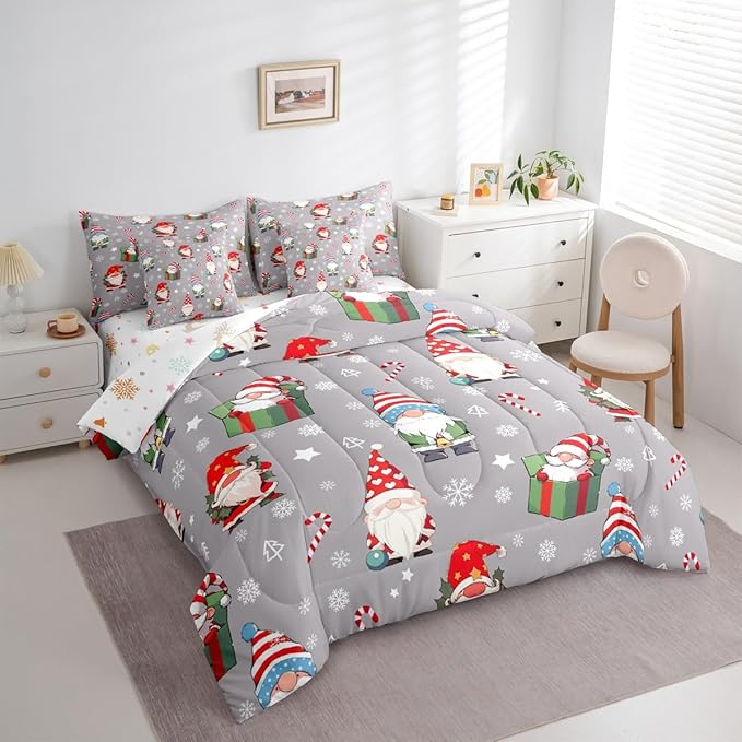 Christmas Gnomes Comforter Set With Sheets 7 Piece Queen Size Cute Snowflakes Candy Bedding Set for Kids Boys Girls Grey Bed in a Bag Reversible Xmas Decor Room Decor Soft Lightweight Microfiber