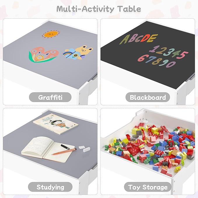 Kids Table and Chair Set, 4 in 1 Wooden Activity Table with Detachable Tabletop, Toddler Table and Chair Set with Storage Drawer/Bookshelves, Kids Play Table for Art, Drawing, Eating, Reading