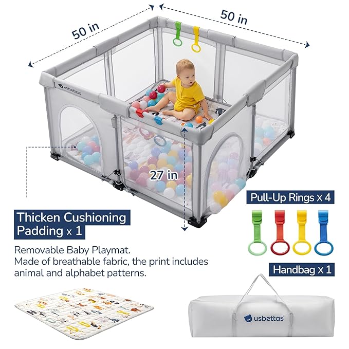 Foldable Baby Playpen with Mat, Foldable Playpen for Babies and Toddlers,Kids Portable Travel Play Pen, Collapsible Play Yard with 4 Handles,Indoor & Outdoor Baby Play Area with Breathable Mesh
