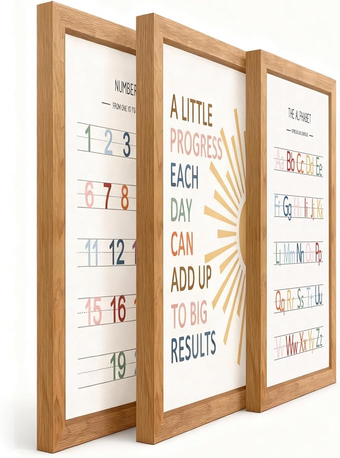 3 PCS Alphabet Numbers Framed Playroom Wall Decor,Classroom Must Haves,A Little Progress Each Day Boho Educational ABC Poster Wooden Sign for Baby Girl Kid Boy Toddlers,Neutral Preschool English Letters Nursery Decor for Homeschool Kindergarten Kids Le...
