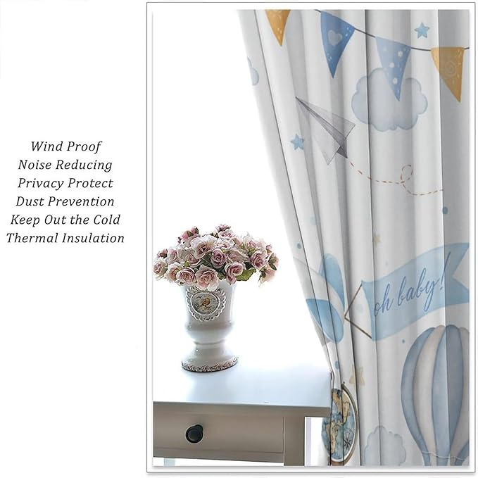 Blue Bear Curtains, Cute Lovely Bear Adventure Airplane Cloud Pastel Blackout Window Treatments, Rod Pocket Thermal Insulated Drapes 2 Panel Sets for Kids Bedroom Nursery Classroom, 63"W X 63"L