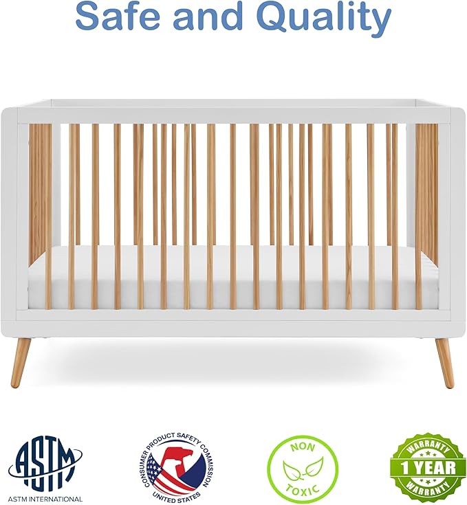 Tatum 3-in-1 Convertible Crib - Included Toddler Guard Rail, White/Natural Finish, Adjustable Mattress Height, Converts to Toddler Bed & Daybed, Fits Standard Full-Size Crib Mattress