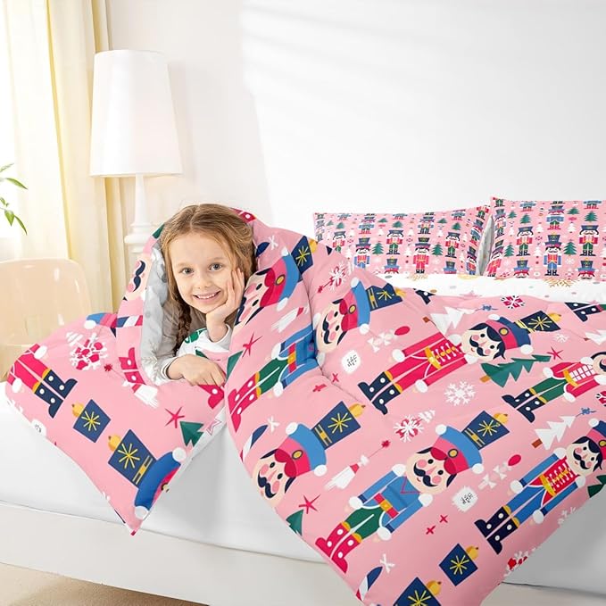 Feelyou Cute Nutcracker Kids Comforter Set Full Christmas Tree Bedding Set Xmas Snowflake Duvet Quilt for Kids Boys Girls Bedroom Colorful Soldier Decor Candy-Cane Designs Microfiber Soft Breathable