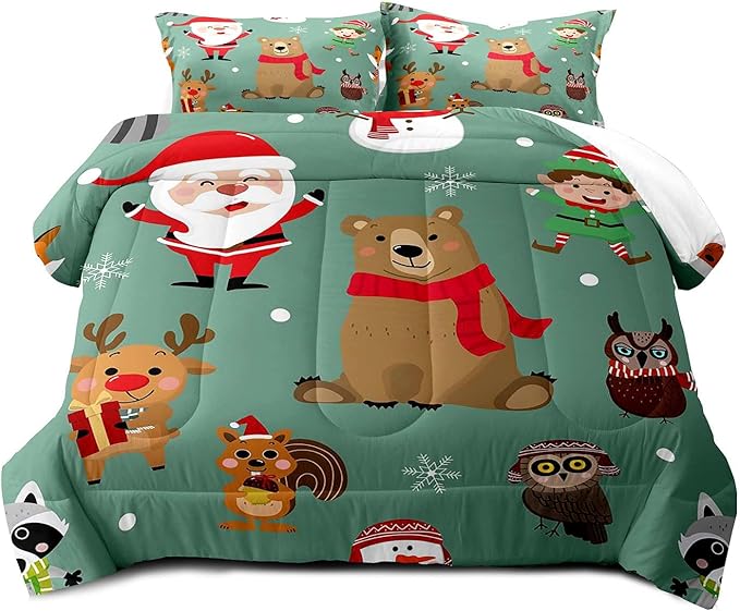 LUVIVIHOME 2PCS Merry Christmas Comforter Set Twin Size, Boys Girls Kids Bedding, Green Quilt, Funny Cute Cartoon Santa Claus Elf Owl Elk Reindeer Squirrel Xmas Christmas Bedroom Decor, 1 Pillow Sham