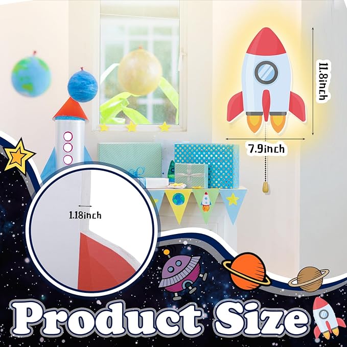 Space Rocket Night Light Wall Lamp Sleeping Nursery Lighting Cute Floating Battery Operated Hanging Lamp for Baby Boys Girls Bedroom Room Nursery Wall Decorations