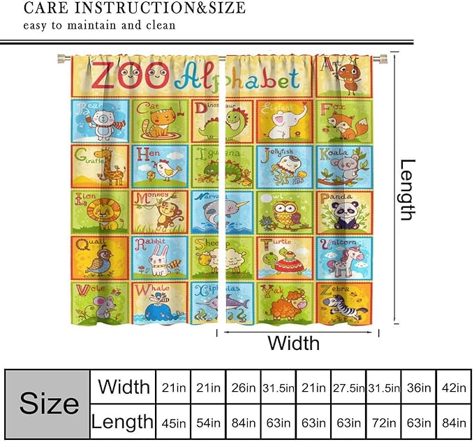 Alphabet Curtains Kids Educational Learning Tool Baby Cartoon Animals Colorful Curtain with Rod Pocket for Bedroom Living Room Decor Drapes Window Treatments 2 Panels Set 84" W X 84" L