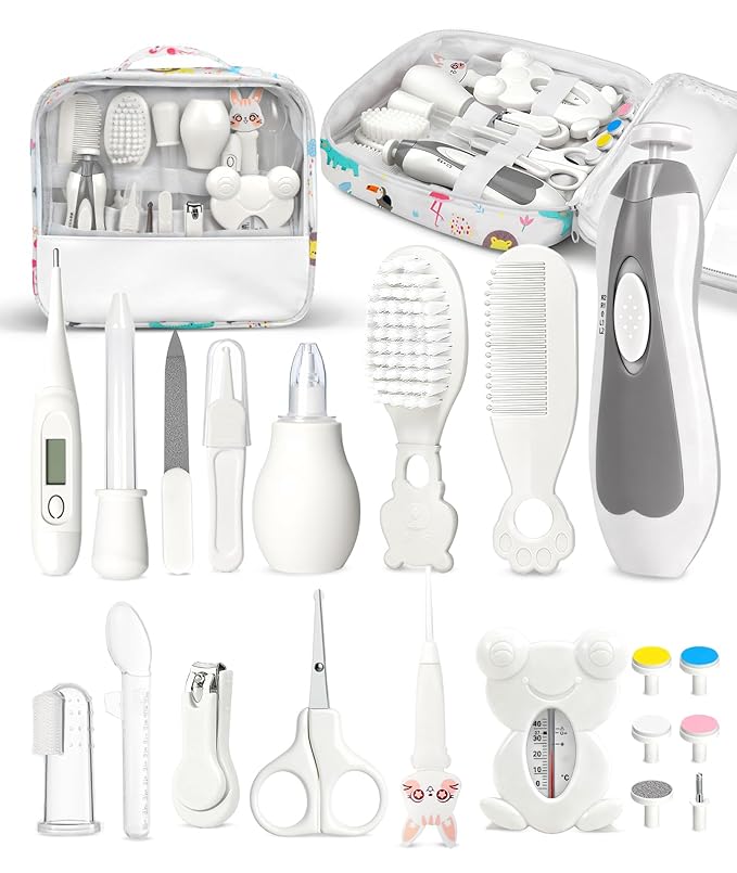 Baby Healthcare and Grooming Kit, Electric Safety Nail Trimmer Baby Nursery Kit, Newborn Care Kits with Hair Brush Comb for Newborn Infant Toddlers Baby Boys Girls Kids, Baby Shower Gifts (White)