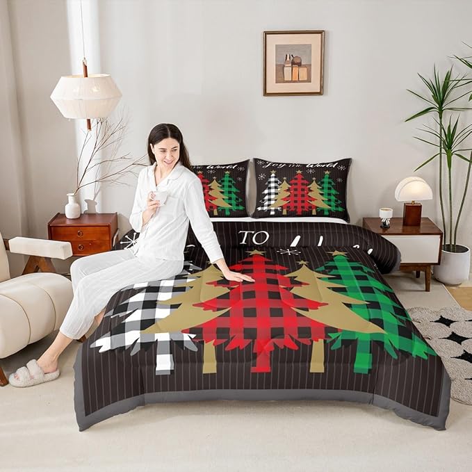 Christmas Kids Comforter Set King Size,Plaid Pine Trees Snowflake Bedding,Girls Boys Adults Bedroom/Xmas Cabin Decor,Geometric Lines Stylish Down Comforter,Rustic Colorful Duvet Insert,2 Pillowcases