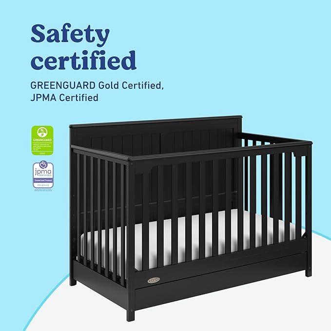 Graco Hadley 5-in-1 Convertible Crib with Drawer (Black) – Combo, Includes Full-Size Nursery Storage, Converts from Baby Crib to Toddler Bed, Daybed