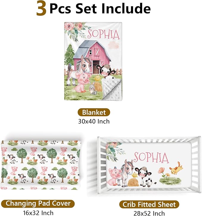 Custom Name Crib Bedding Set, 3 Pcs Personalized Baby Crib Bedding Set, Soft Farm Animals Nursery Crib Sets for Boys Girls, Double Layer Toddler Bedding Set Customized Gifts for Newborn Kids