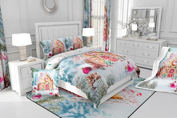 Feelyou Christmas Snowscape House Landscape Bedding Set Soft for Boys Girls,Gingerbread House Comforter Set Full Size Candy Canes Duvet Quilt Pine Branches Bedroom Decor 3 Pcs with 2 Pillow Cases