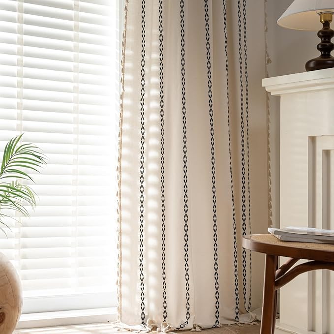 Deeprove White and Black Boho Curtains 72 inches Length for Living Room Bedroom Nursery, Chic Bohemian 72 inches Long, Stripe Embroidery Privacy Window Fringe Decoration W52 x L72, Single 1 Panel