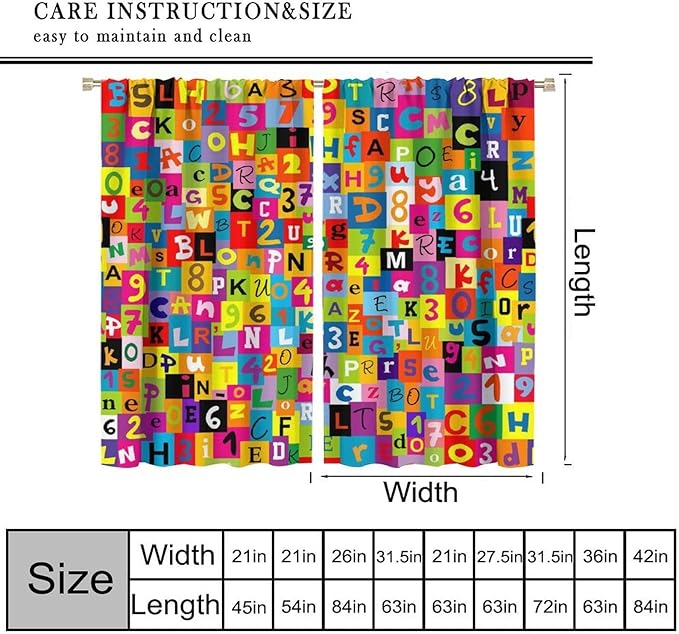 ABC Alphabet Curtains Colorful Art Patchwork Alphabet Graffiti Cartoon Print Curtain with Rod Pocket for Bedroom Living Room Home Decor Drapes Window Treatments 2 Panels Set 84" W X 84" L