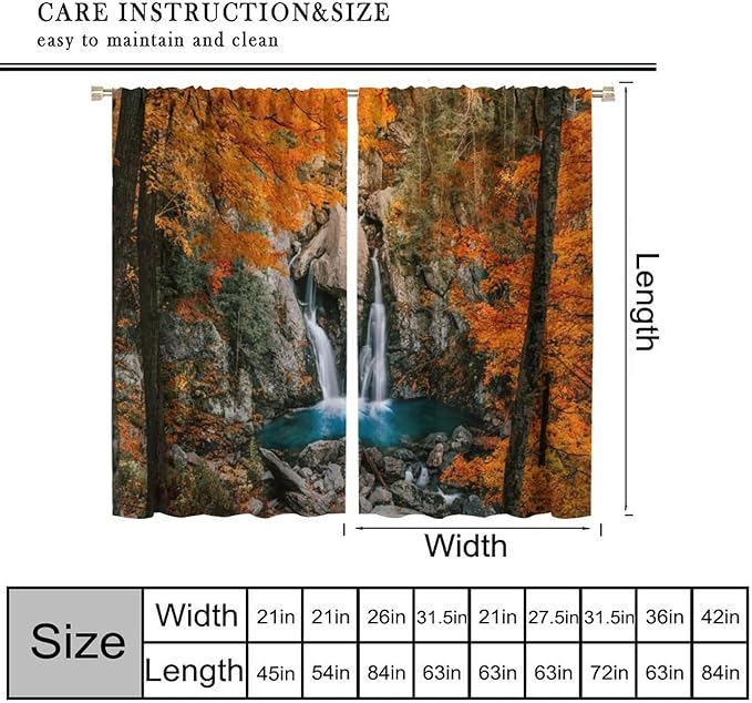 Autumn Waterfall Blackout Windows Curtains, Rustic Farmhouse Fall Forest Landscape Window Drapes, for Living Room Bedroom 55" W X 63" L