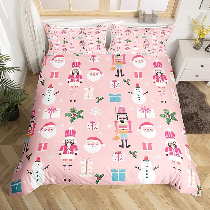 Pink Christmas Nutcracker Decorative Comforter Cover Queen Size Xmas Cartoon Santa Claus Duvet Cover New Year Festival Snowman Snowflake Bedding Set Gifts for Kids Boys Girls 2 Pillow Cases Pink