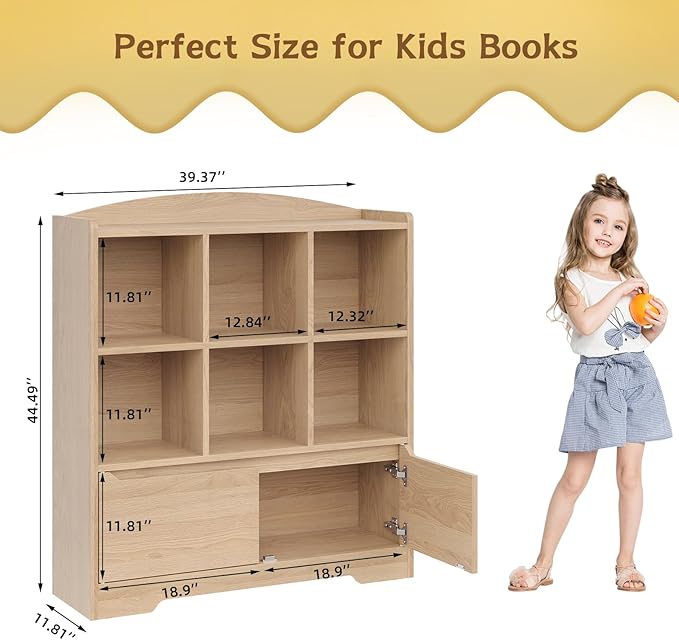 Kids Bookshelf and Toy Organizer, 2 Tier Kids Book Shelf for Kid Rooms with 2 Doors, 6 Cubes Storage Organizer,Wood Children Bookcase,Freestanding Toddler Book Display Shelf for Playroom