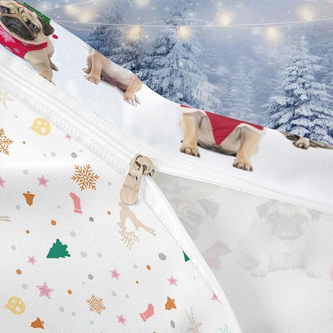 Feelyou Dog Xmas Duvet Cover Cute Pug Dog Christmas Tree Style Bedding Set 3D Animal Comforter Cover for Boys Girls Children Teens Bedroom Decor White Blue Bedspread Cover Toddler with 1 Pillow Case