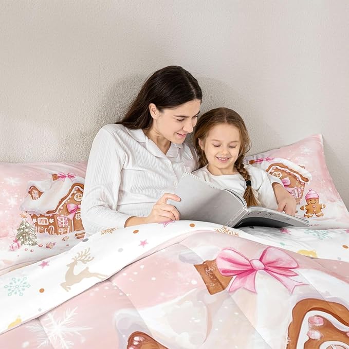 Feelyou Gingerbread House Kids Comforter Set Full Size Gingerbread Man Bedding Set Christmas Tree Duvet Quilt for Kids Boys Girls Bedroom Pink Bow Decor Snowflake Microfiber Ultra Soft Breathable