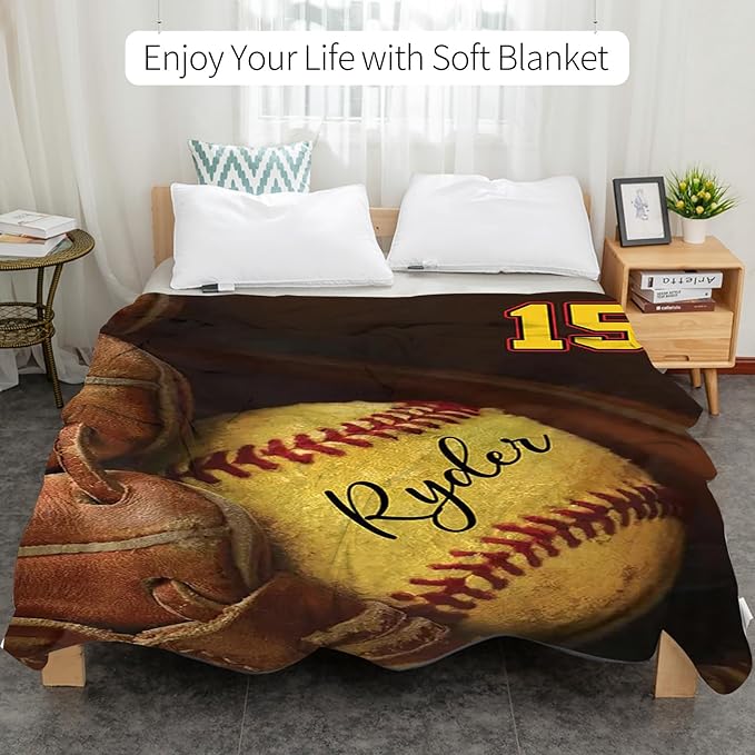 Custom Baby Softball Blanket with Name Number: Personalized Fluffy and Warm Gift for Baby Toddler Kids and Adults Birthday Skin-Friendly Flannel Fabric(30"x40")