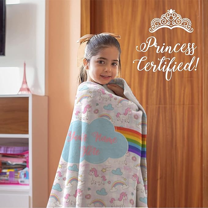 Personalized Rainbow Unicorn Throw Blanket for Girls and Boys with Custom Name, Cute Soft Bedding for Nursery Room or Tummy Play, Warm and Plush (Sherpa 60x80)