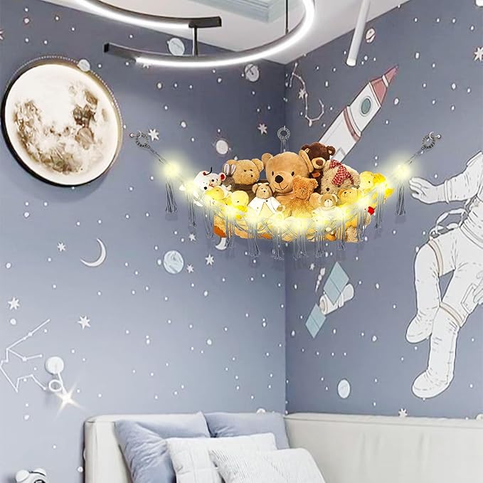 Stuffed Animal Hammock with LED Light, Large Stuffed Animals Storage Corner Plushie Net for Kids Room Decor, 2 Packs Grey