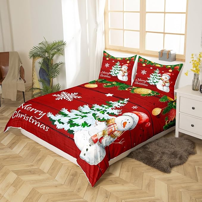 Christmas Duvet Cover Set Queen Size, Cute Snowman Tree Print Comforter Cover with 2 Pillowcases, New Year Theme Rustic Style Xmas Bedding Set 3pcs for Kids Boys Girls Bedroom Decor,No Comforter