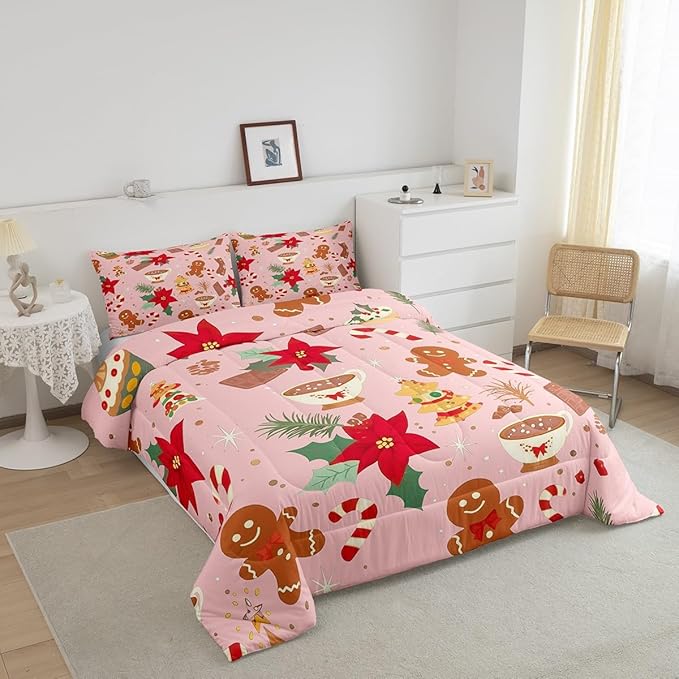 Feelyou Cute Gingerbread Man Bedding Set for Kids Boys Girls King Size Christmas Trees Comforter Set Ultra Soft Candy Comforter Dessert Duvet Quilt Bedroom Decor Christmas Decor Quilt