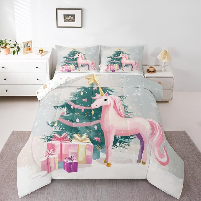 Feelyou Merry Christmas Comforter Set Twin Size Cute Unicorn Bedding Set for Kids Boys Girls Gift Duvet Quilt Christmas Tree Bedroom Decor Microfiber 2 Pcs with 1 Pillow Cases