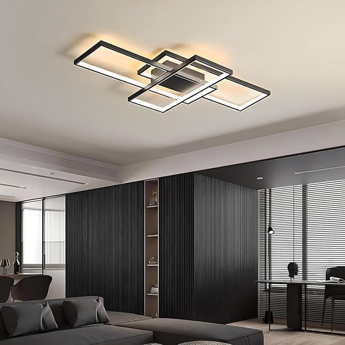 Flush Mount Modern LED Ceiling Light Fixture,With remote control Dimmable 3 Color Selectable Ceiling Lamp Ceiling Light for sitting room Kitchen Bedroom Hallway Porch (Black, 31.5*17.7*3.5 IN)