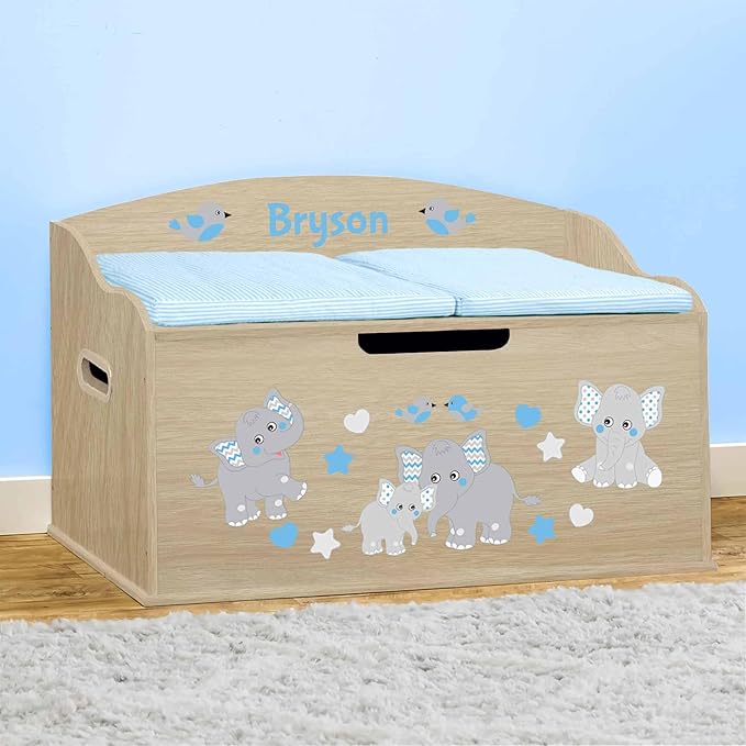 DIBSIES Personalized Creative Wonders Toy Box, Blue Elephants, 30 x 19.25 x 18 inches, Soft-Close Lid (Natural)