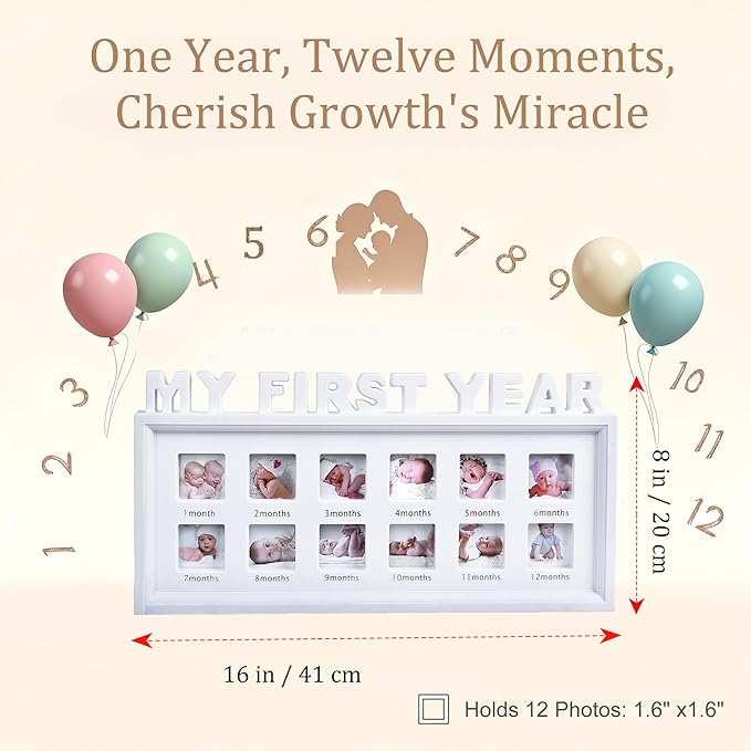 MICKYU My First Year Baby Picture Frame – 12-Month Milestone Photo Display, Personalized Monthly Growth Tracker, Newborn Shower Gift, Rustic White Décor for Nursery or Living Room