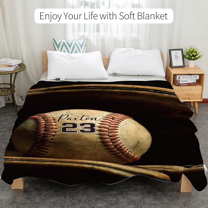 Custom Softball Baby Blanket with Name Number: Personalized Fluffy and Warm Gift for Baby Toddler Kids and Adults Birthday Skin-Friendly Flannel Fabric(60"x80")