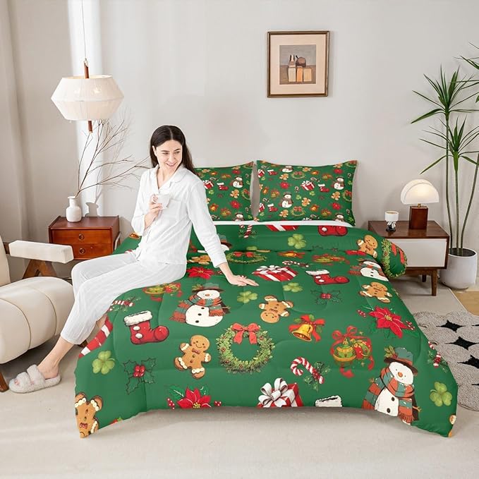 jejeloiu Merry Christmas Comforter Set Full Size Cute Snowman Bedding Set for Kids Boys Girls Gingerbread Man Duvet Quilt Green Bedroom Decor