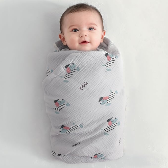 NTBAY 2 Layer Muslin Cotton Baby Swaddle Blanket, 42x60 Soft and Breathable Receiving for Newborns and Infants, Perfect for Crib, Stroller, Travel, Lightweight Nursery Blanket, Striped Dog