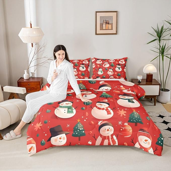 Feelyou Christmas Comforter Set Toddler Size Snowman Bedding Set for Kids Boys Girls Snowflake Duvet Quilt New Year Theme Bedroom Decor Microfiber 2 Pcs with 1 Pillow Cases