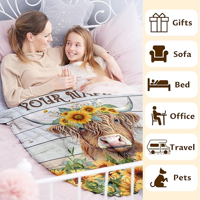 Personalized Highland Cow Blanket Gifts for Kids Boys Girls, 40x30 Inches Cute Throw Blanket for Highland Cow Lovers, Custom Soft Fuzzy Sunflower Blankets for Lap Chair Travel