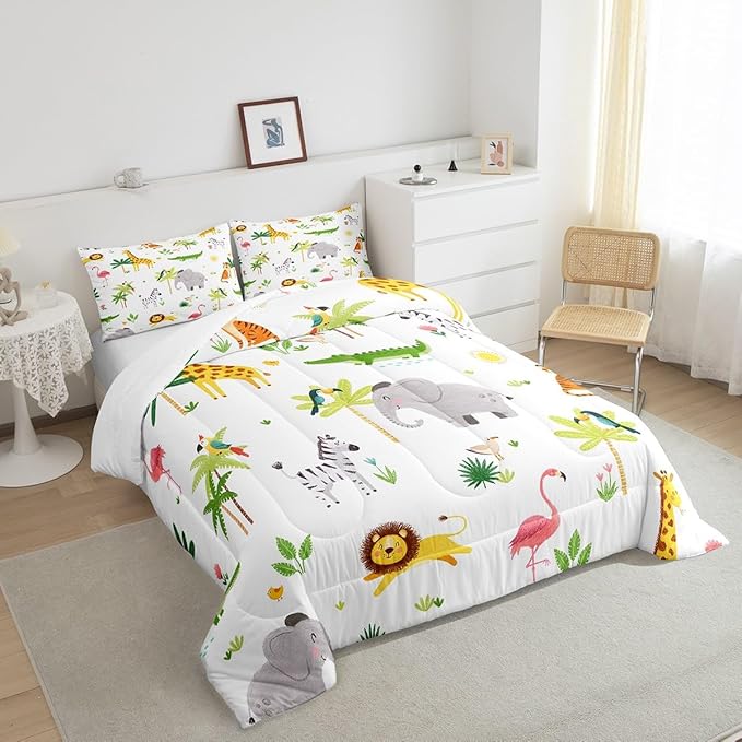 Feelyou Kids Safari Animal Bedding Set King, Nursery Baby Boy Cartoon Lion Jungle Comforter Set Woodland Forest Wildlife Comforter for Kids Boys Girls Kawaii Flamingo Duvet Set 3Pcs