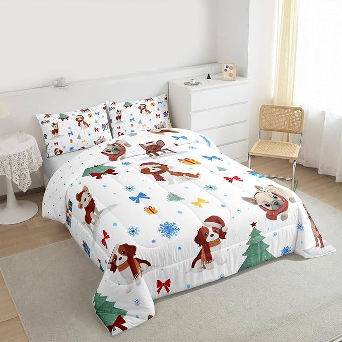 Feelyou Christmas Puppy Comforter Set All Season Festive Pet Bedding Set with 1 Pillow Cases Cute Dog Kids Toddler Bedclothes Xmas Tree Snowflake Bedroom Decor Duvet Quilt Breathable Soft Lightweight