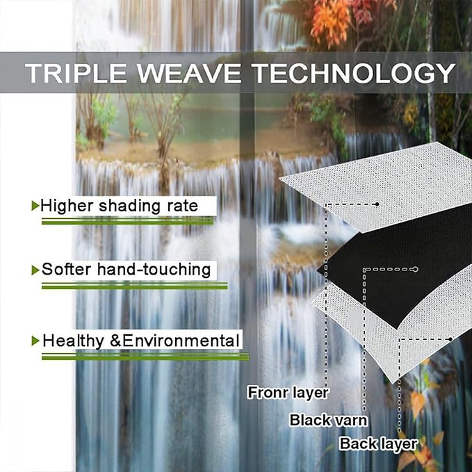 Waterfall Blackout Window Curtains, Nature Landscape Fores Theme Rod Pocket Window Drapes, for Living Room Bedroom 52" W X 84" L